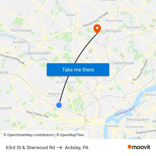 63rd St & Sherwood Rd to Ardsley, PA map