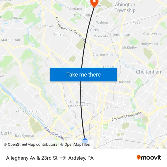 Allegheny Av & 23rd St to Ardsley, PA map