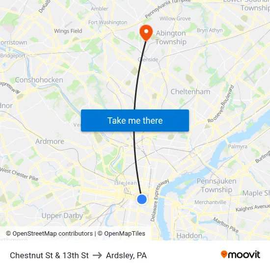Chestnut St & 13th St to Ardsley, PA map