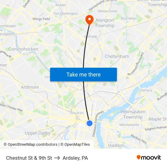 Chestnut St & 9th St to Ardsley, PA map