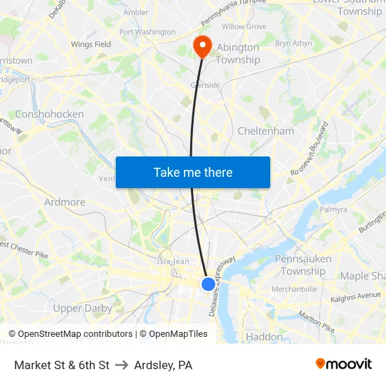 Market St & 6th St to Ardsley, PA map