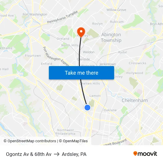 Ogontz Av & 68th Av to Ardsley, PA map