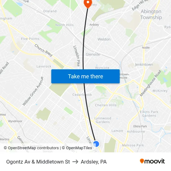 Ogontz Av & Middletown St to Ardsley, PA map