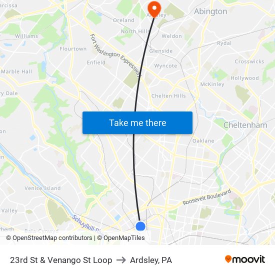 23rd St & Venango St Loop to Ardsley, PA map