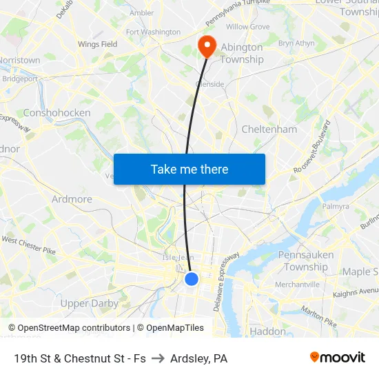 19th St & Chestnut St - Fs to Ardsley, PA map
