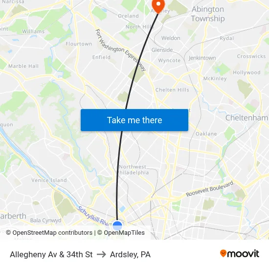 Allegheny Av & 34th St to Ardsley, PA map