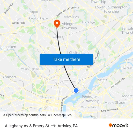 Allegheny Av & Emery St to Ardsley, PA map