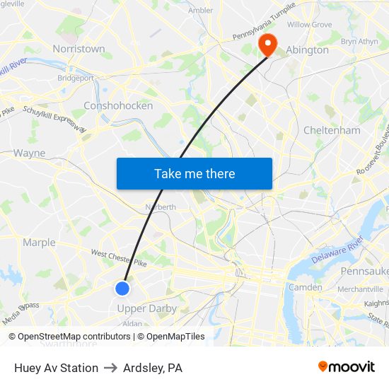 Huey Av Station to Ardsley, PA map