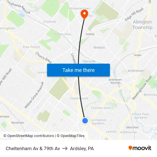 Cheltenham Av & 79th Av to Ardsley, PA map