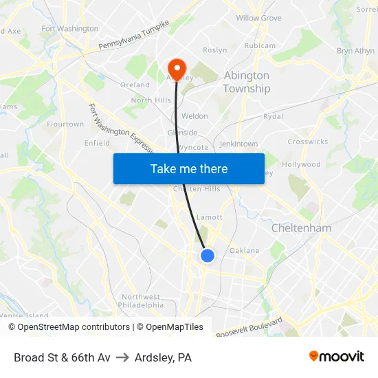 Broad St & 66th Av to Ardsley, PA map