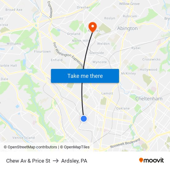 Chew Av & Price St to Ardsley, PA map