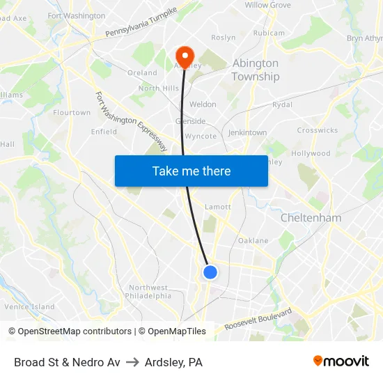 Broad St & Nedro Av to Ardsley, PA map