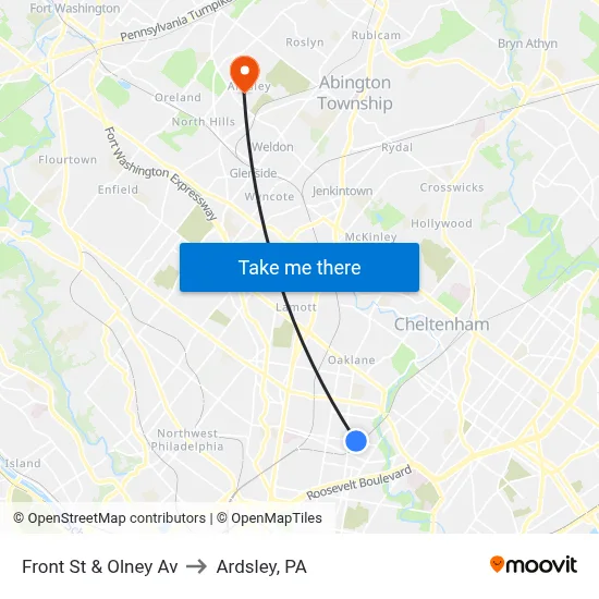 Front St & Olney Av to Ardsley, PA map