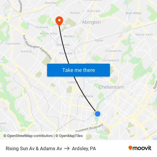 Rising Sun Av & Adams Av to Ardsley, PA map