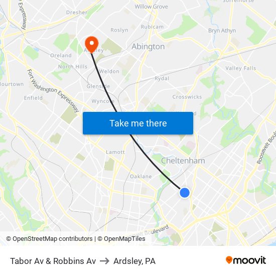 Tabor Av & Robbins Av to Ardsley, PA map