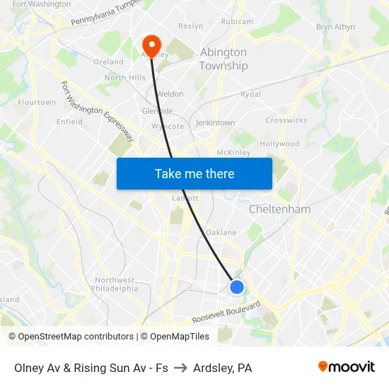 Olney Av & Rising Sun Av - Fs to Ardsley, PA map