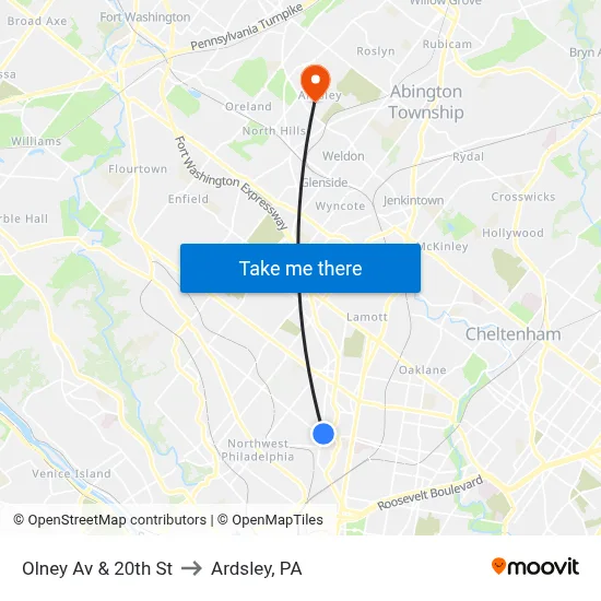 Olney Av & 20th St to Ardsley, PA map
