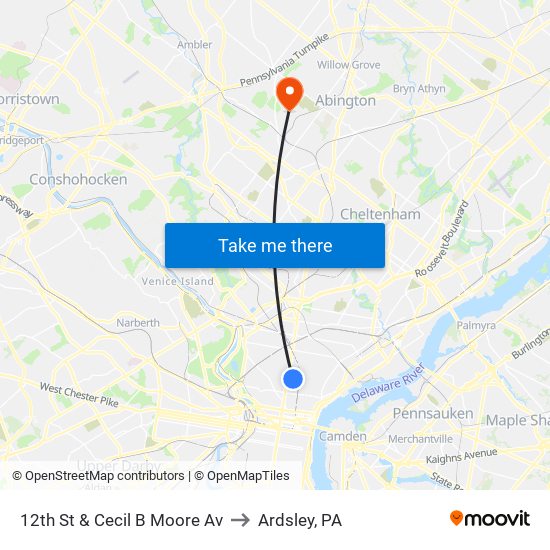 12th St & Cecil B Moore Av to Ardsley, PA map