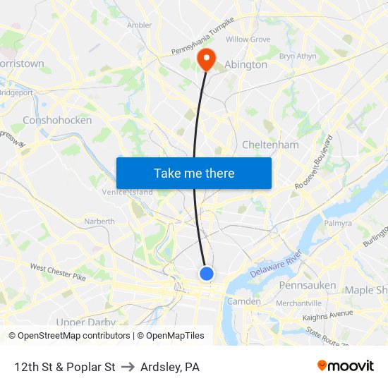 12th St & Poplar St to Ardsley, PA map