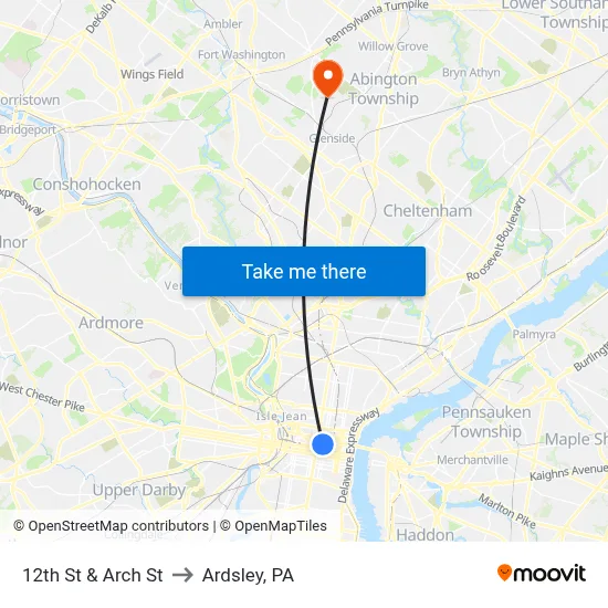 12th St & Arch St to Ardsley, PA map
