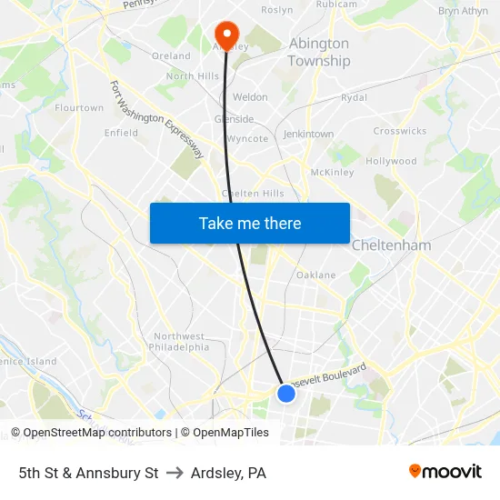 5th St & Annsbury St to Ardsley, PA map