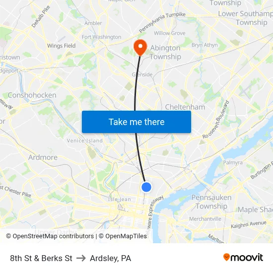 8th St & Berks St to Ardsley, PA map