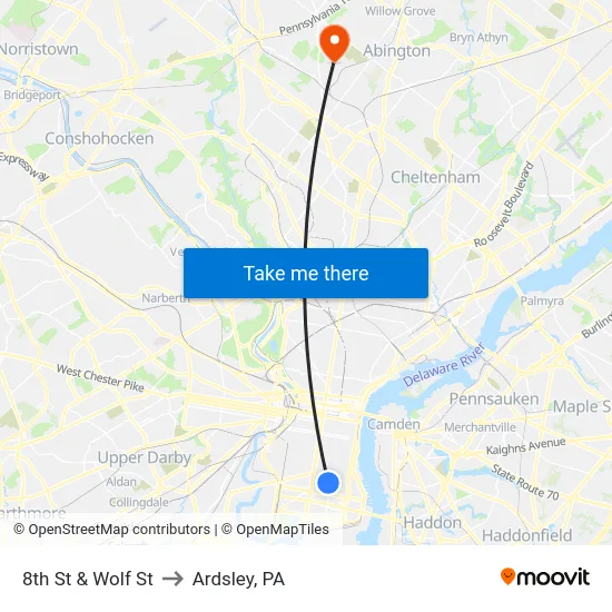 8th St & Wolf St to Ardsley, PA map
