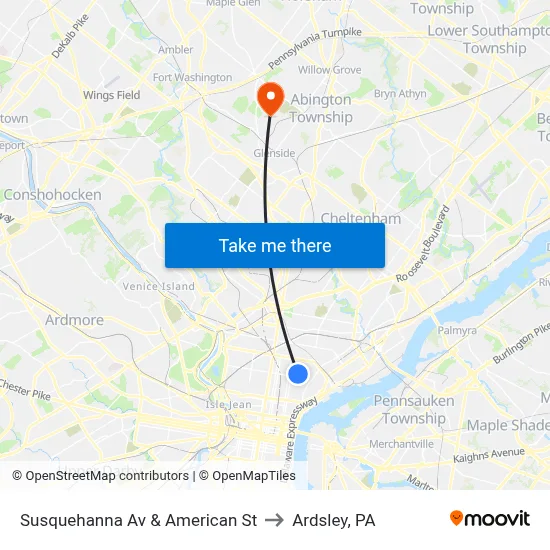 Susquehanna Av & American St to Ardsley, PA map