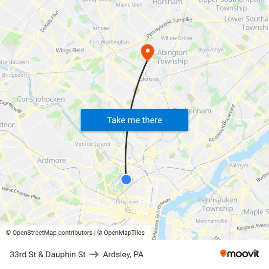 33rd St & Dauphin St to Ardsley, PA map