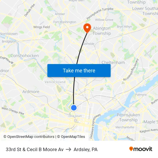33rd St & Cecil B Moore Av to Ardsley, PA map