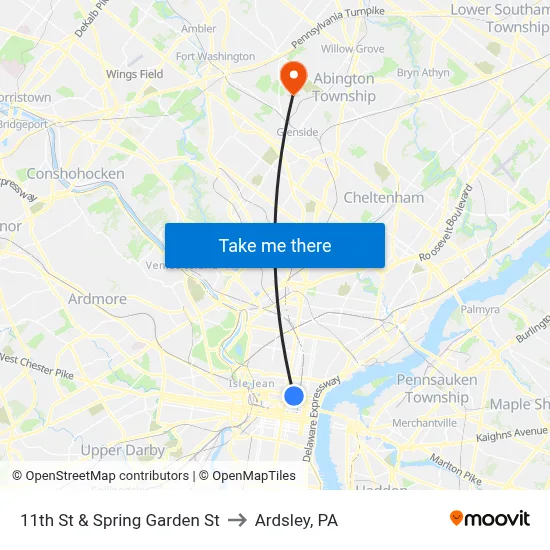 11th St & Spring Garden St to Ardsley, PA map