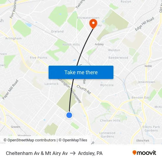 Cheltenham Av & Mt Airy Av to Ardsley, PA map