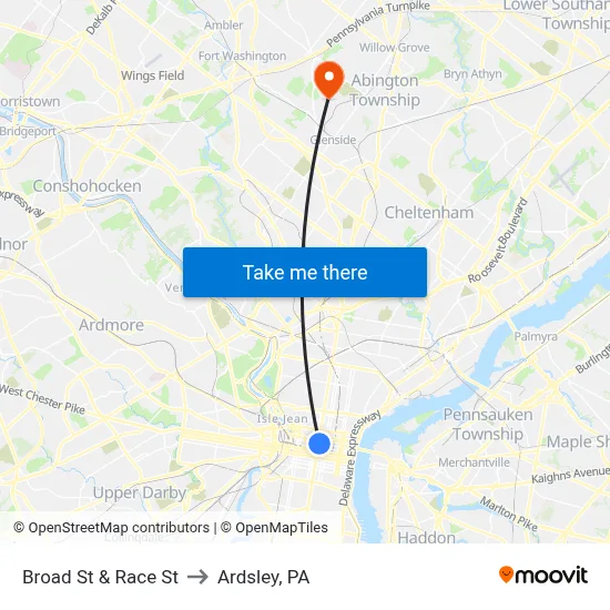 Broad St & Race St to Ardsley, PA map