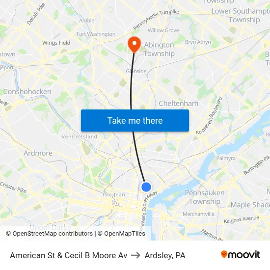 American St & Cecil B Moore Av to Ardsley, PA map