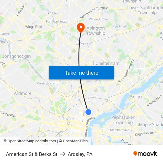 American St & Berks St to Ardsley, PA map