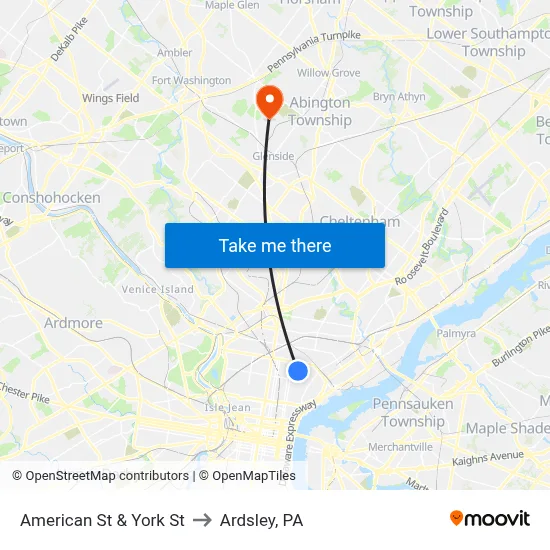 American St & York St to Ardsley, PA map