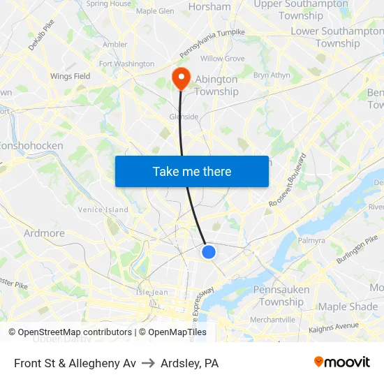 Front St & Allegheny Av to Ardsley, PA map