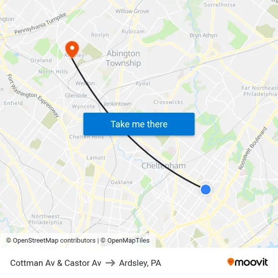 Cottman Av & Castor Av to Ardsley, PA map
