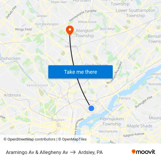 Aramingo Av & Allegheny Av to Ardsley, PA map