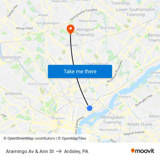Aramingo Av & Ann St to Ardsley, PA map