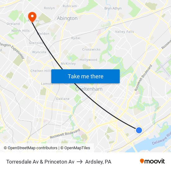 Torresdale Av & Princeton Av to Ardsley, PA map