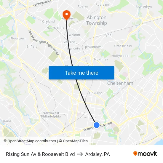 Rising Sun Av & Roosevelt Blvd to Ardsley, PA map