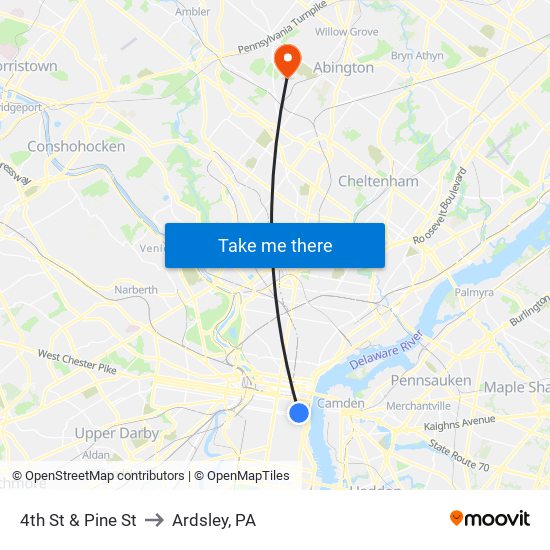 4th St & Pine St to Ardsley, PA map