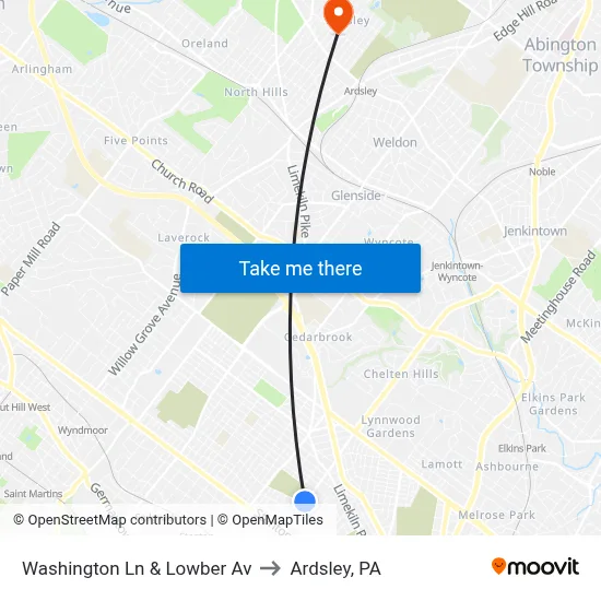 Washington Ln & Lowber Av to Ardsley, PA map