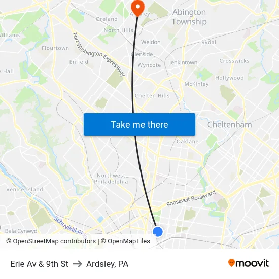 Erie Av & 9th St to Ardsley, PA map
