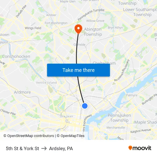 5th St & York St to Ardsley, PA map