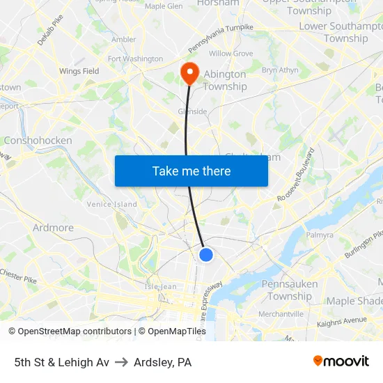 5th St & Lehigh Av to Ardsley, PA map