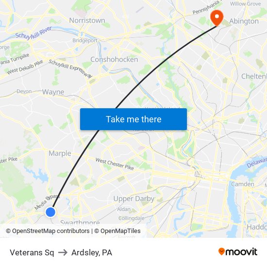 Veterans Sq to Ardsley, PA map