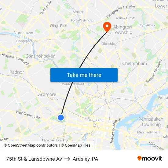 75th St & Lansdowne Av to Ardsley, PA map