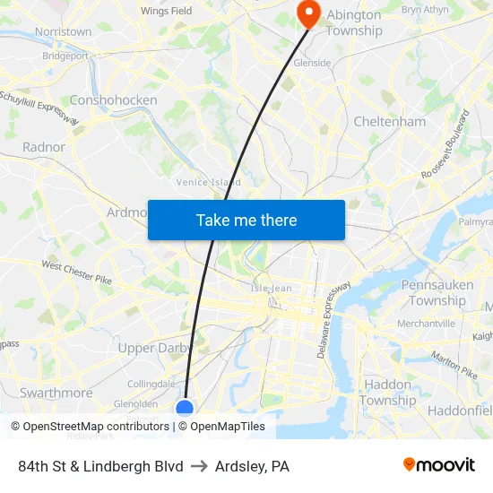 84th St & Lindbergh Blvd to Ardsley, PA map